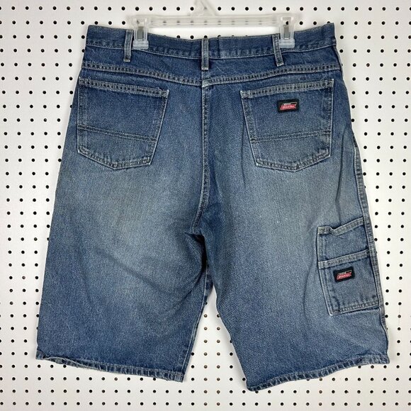 Dickeis Blue Jean Baggy Shorts 36 Jorts Wide Leg Skate Y2K Distressed Work Wear‎ - Picture 1 of 6